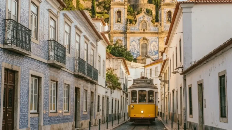 Cena típica de rua portuguesa com bonde amarelo (elétrico), arquitetura tradicional de azulejos, igreja histórica e castelo medieval ao fundo durante o pôr do sol