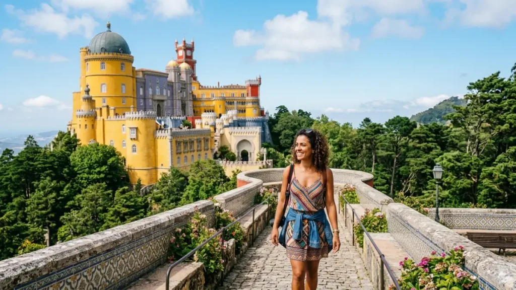 Uma viajante feminina sorridente em pé em uma passarela de paralelepípedos, com o colorido Palácio da Pena em Sintra, Portugal, ao fundo sob um céu azul.