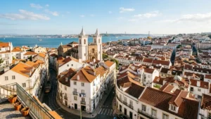 Vista panorâmica do Miradouro das Portas do Sol sobre os telhados de Alfama e a Sé de Lisboa