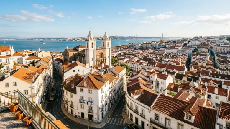 Vista panorâmica do Miradouro das Portas do Sol sobre os telhados de Alfama e a Sé de Lisboa