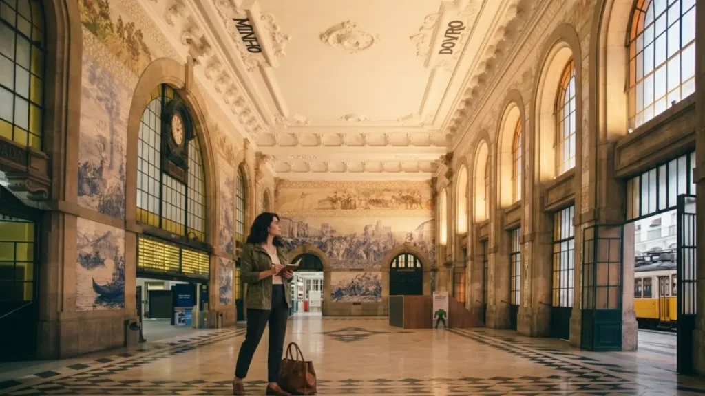 Viajante solo em pé no saguão principal da Estação de São Bento no Porto, observando os grandes painéis de azulejos azuis e brancos e o teto ornamentado com os dizeres Minho e Douro.
