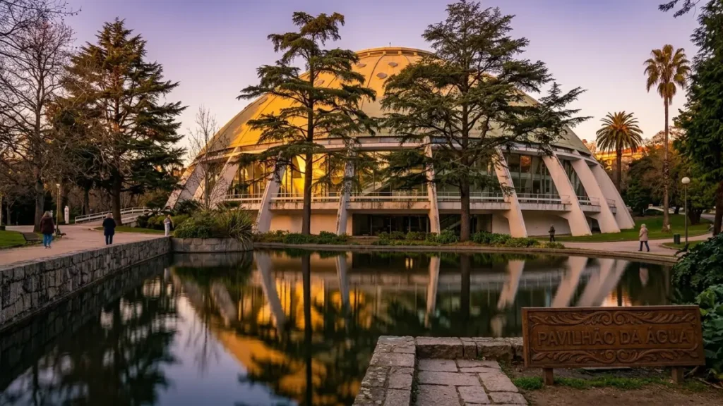 Viajante solo fotografando o Pavilhão Rosa Mota e o lago nos Jardins do Palácio de Cristal no Porto durante um roteiro cultural.