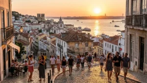Pessoas caminhando ao pôr do sol em ladeira histórica de Lisboa com vista para o Rio Tejo em Portugal.