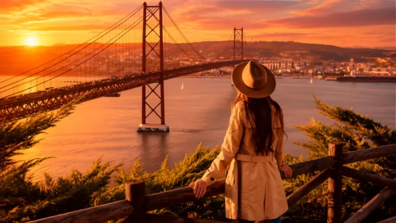Viajante contemplando o pôr do sol em Lisboa durante sua viagem solo portugal.