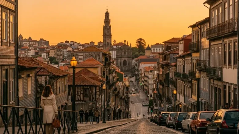 Viajante contemplando a vista íngreme da Rua de Mouzinho da Silveira e da Torre dos Clérigos no Porto durante seu roteiro cultural.