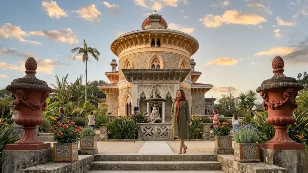 A arquitetura exótica e mourisca do Palácio de Monserrate em Sintra, cercada por jardins botânicos e fontes ornamentais.