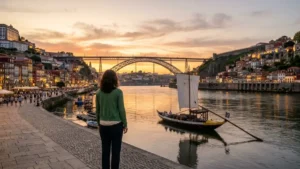 Mulher contemplando o pôr do sol no Rio Douro no Porto para roteiro de 10 dias por Portugal.