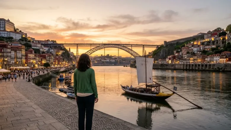 Mulher contemplando o pôr do sol no Rio Douro no Porto para roteiro de 10 dias por Portugal.