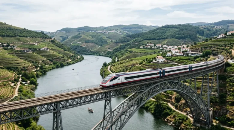 Trem de passageiros da CP cruzando uma ponte metálica sobre o Rio Douro cercado por vinhedos em Portugal.