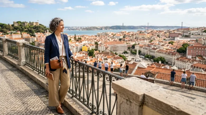 Mulher na faixa dos 40 anos sorrindo em miradouro com vista panorâmica para o centro histórico de Lisboa em Portugal.