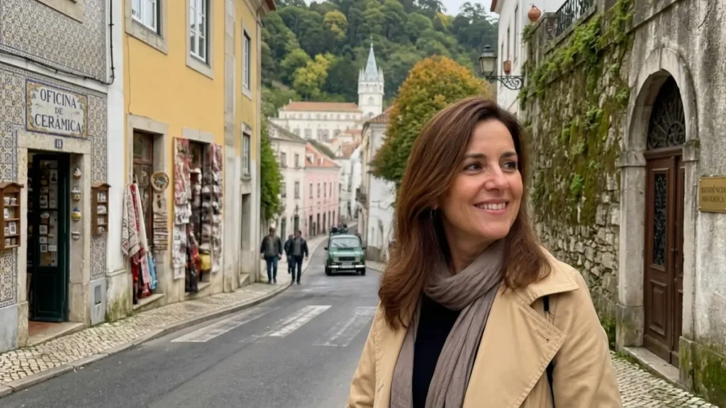 Mulher viajante solo de trench coat bege e echarpe sorrindo nas ruelas históricas do centro de Sintra com arquitetura típica e colinas ao fundo.