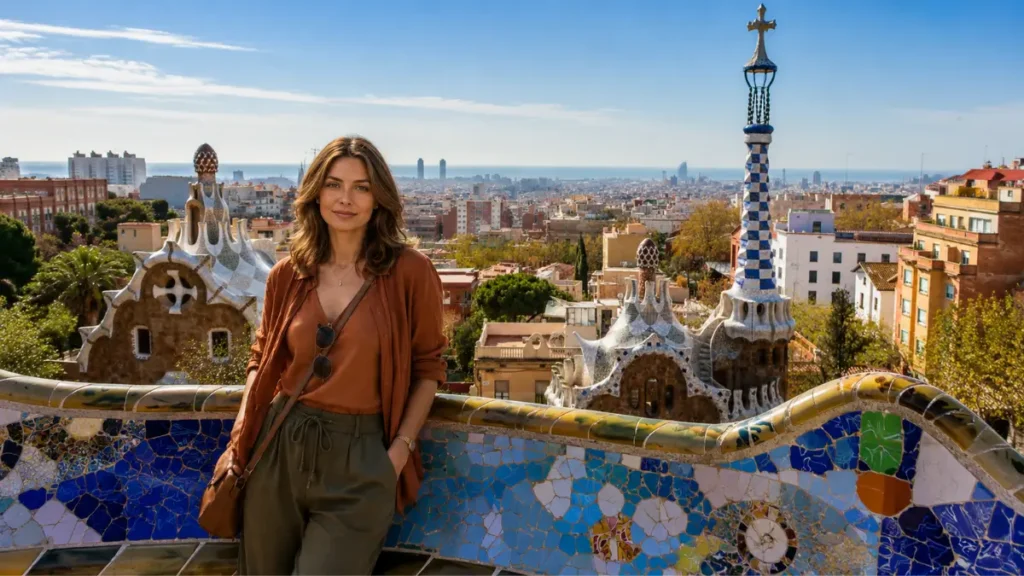 Viajante solo madura apoiada no banco de mosaicos do Park Güell com vista panorâmica de Barcelona ao viajar sozinha para espanha 40 anos