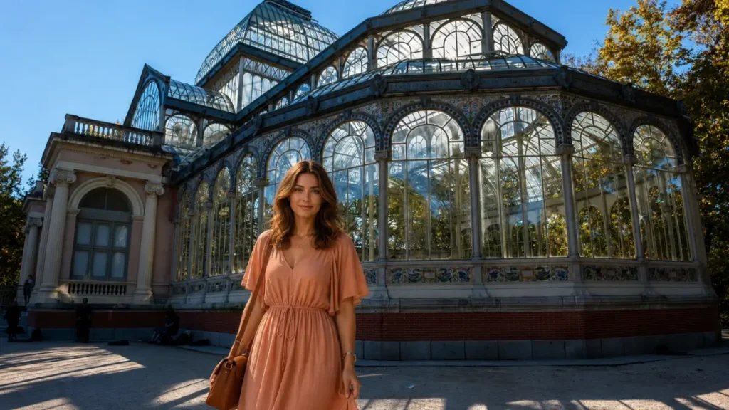 Mulher madura e elegante em frente ao Palácio de Cristal no Parque do Retiro ao viajar sozinha para espanha 40 anos