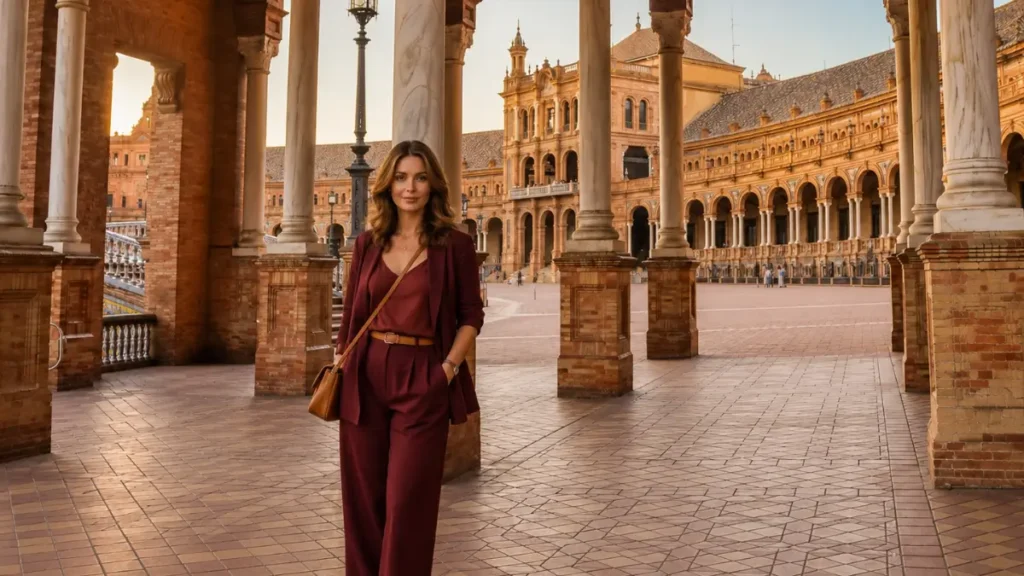 Mulher madura e elegante caminhando pelos arcos da Plaza de España em Sevilha ao viajar sozinha para espanha 40 anos