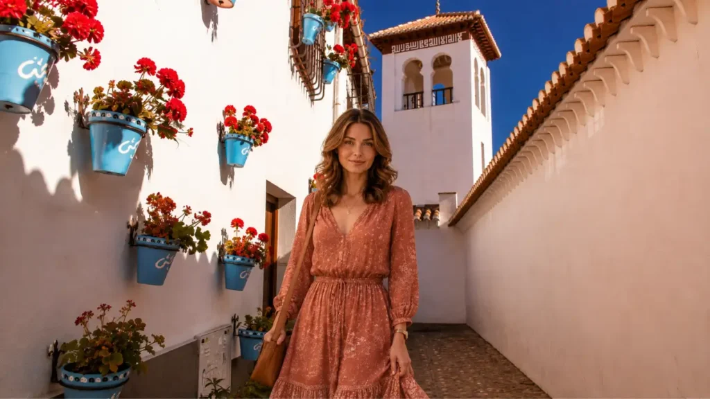 Mulher madura e elegante na ruela de paredes brancas e vasos azuis de Córdoba ao viajar sozinha para espanha aos 40 anos