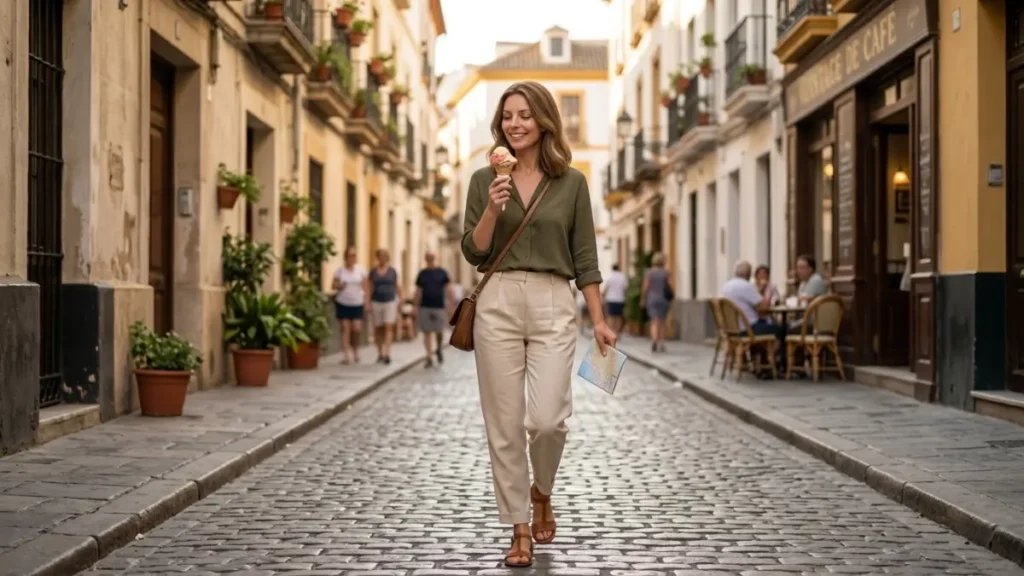 Mulher de 40 anos caminhando por uma charmosa rua de paralelepípedos na Europa aproveitando os resultados de como economizar para a viagem dos seus sonhos depois dos 40.
