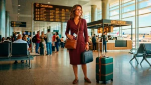 checklist de documentos para viagem internacional solo mulher de 40 anos segurando passaporte em aeroporto