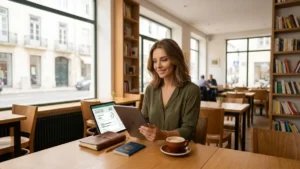 Mulher de 40 anos em um café elegante consultando o planejamento financeiro no tablet para aprender como economizar para a viagem dos seus sonhos depois dos 40.