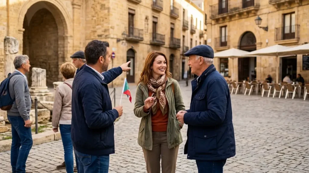Mulher de 40 anos conversando e fazendo amigos em um tour guiado durante um festival cultural no exterior.