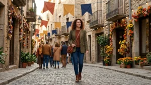 Mulher de 40 anos sorrindo enquanto caminha por um festival cultural no exterior em sua viagem sozinha.