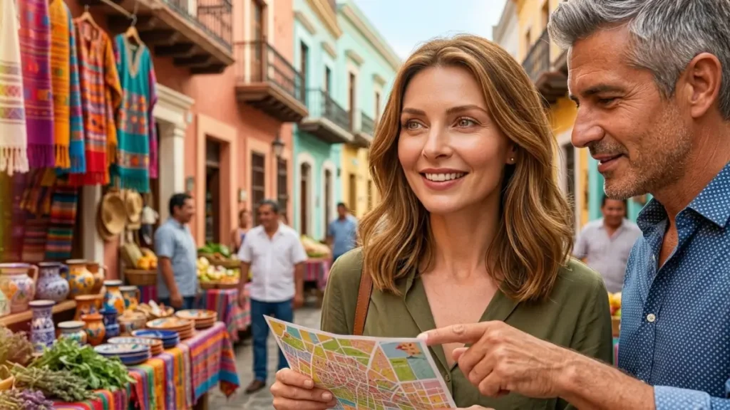 mulher de 40 anos consultando mapa com anfitriao local em feira artesanal durante viagem solo