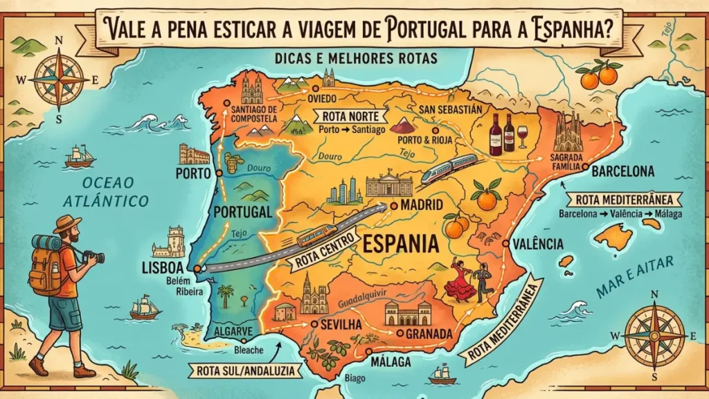 Mapa ilustrado da Península Ibérica com rotas de viagem sugeridas entre Portugal e Espanha, incluindo cidades como Lisboa, Porto, Madri, Sevilha e Barcelona.