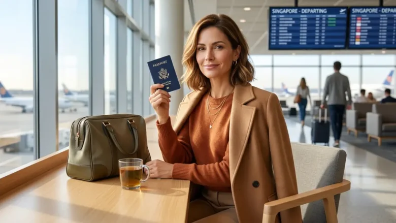 Mulher de 40 anos sorrindo orgulhosa enquanto segura seu primeiro passaporte para viajar para o exterior sem medo.