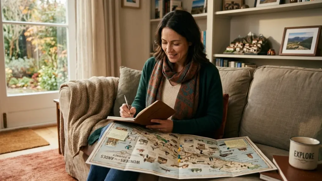 Mulher de 40 anos planejando roteiro de viagem com mapa e caderno após tirar o passaporte pela primeira vez depois dos 40.