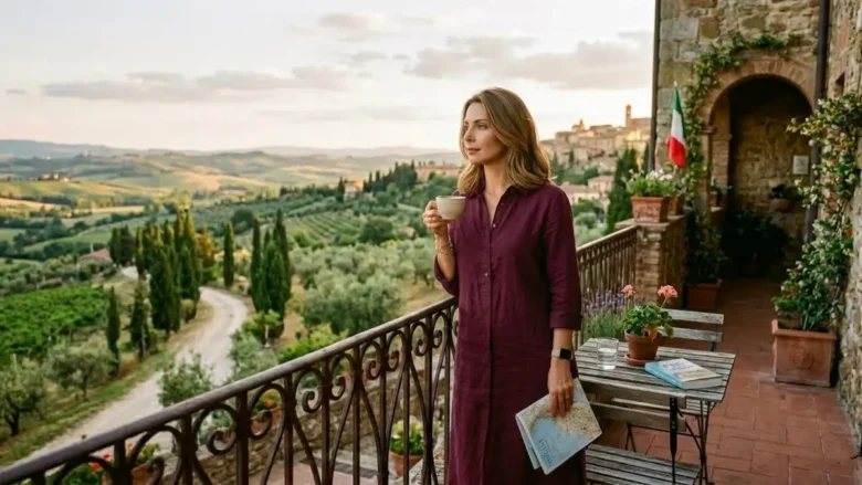 Mulher elegante e serena viajando sozinha na Toscana, contemplando a paisagem em um momento de liberdade e paz.
