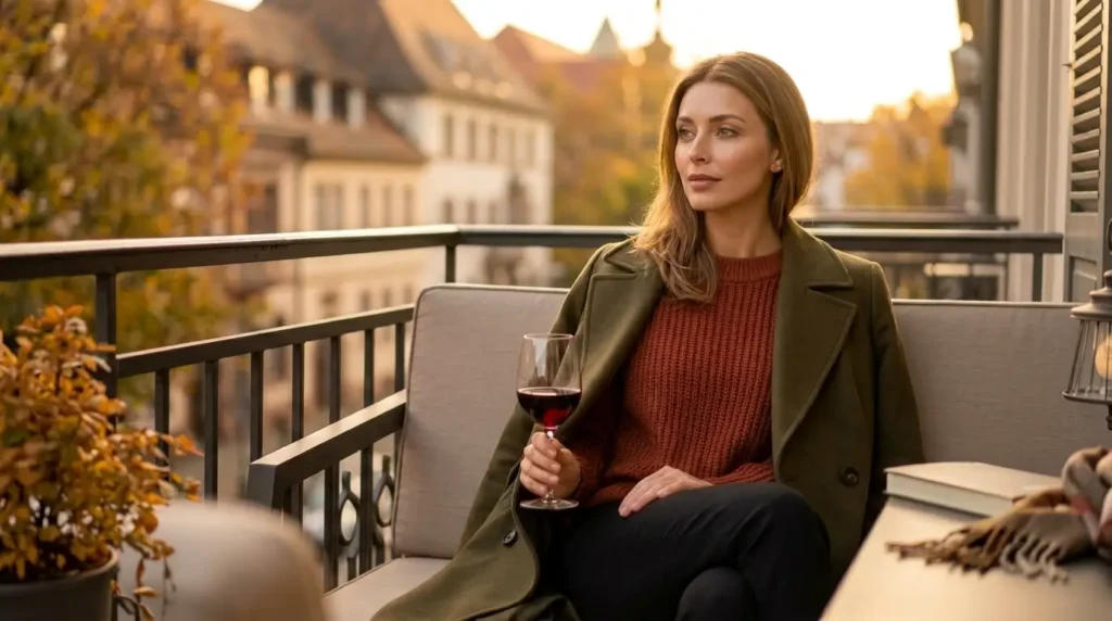 Mulher de 40 anos serena em uma varanda na Europa refletindo sobre segurança para fazer amigos e conhecer pessoas viajando sozinha depois dos 40.