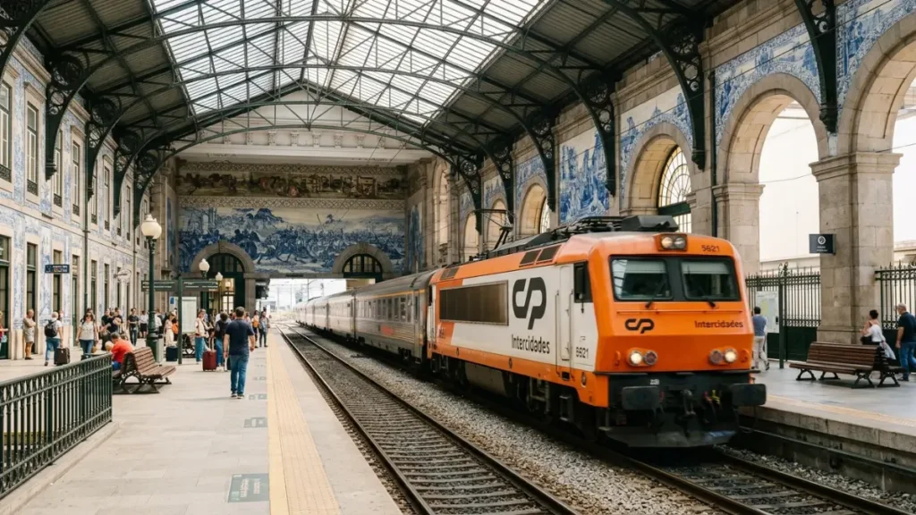 Trem moderno da Comboios de Portugal (CP) Intercidades parado na histórica Estação de São Bento, Porto, famosa por seus azulejos azuis e brancos e arquitetura de ferro e vidro.