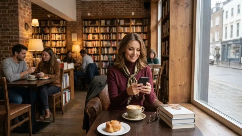 Mulher de 40 anos no celular em um café usando aplicativos para fazer amigos e conhecer pessoas viajando sozinha depois dos 40.