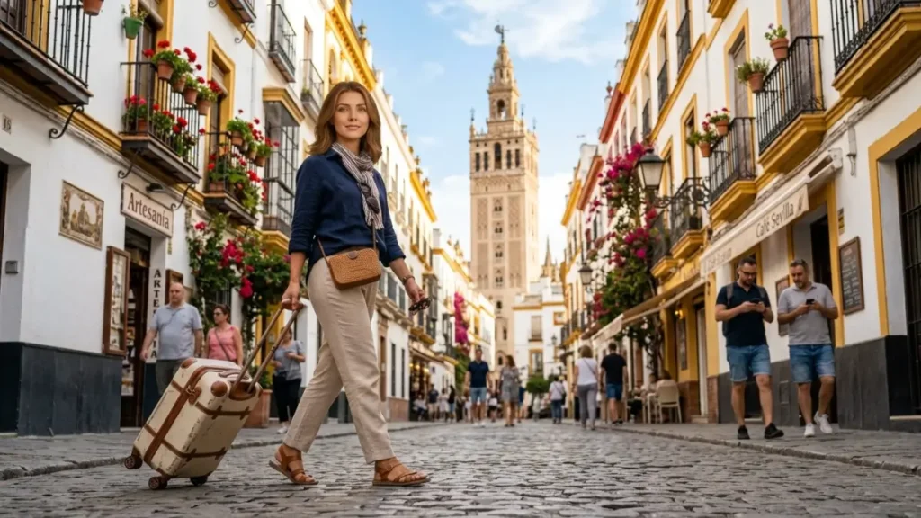 Mulher caminhando com mala de rodinhas em rua histórica de Sevilha com a torre La Giralda ao fundo para avaliar se vale a pena esticar a viagem de Portugal para a Espanha.