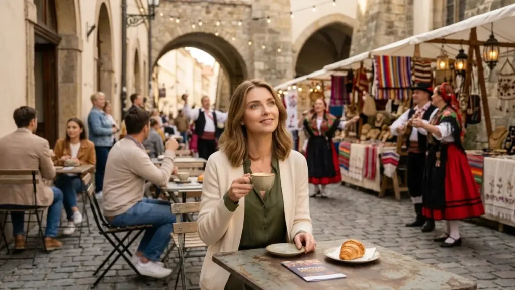 Mulher de 40 anos em um café ao ar livre aproveitando a atmosfera de um festival cultural em sua viagem sozinha.